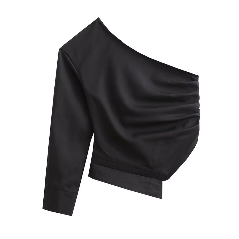 Slim Fit Dislocation Design Top Sweet Fresh Women Clothing Solid Color One Shoulder Shirt - Image 5