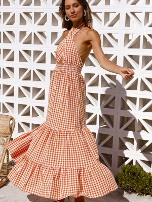 Women Summer Elegant Check Daily Criss Cross Tie Backless Sleeveless A Line Maxi Dress