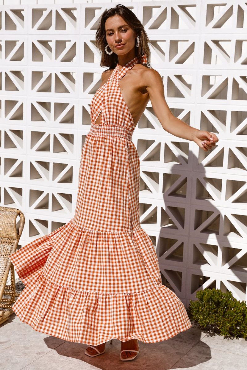 Women Summer Elegant Check Daily Criss Cross Tie Backless Sleeveless A Line Maxi Dress