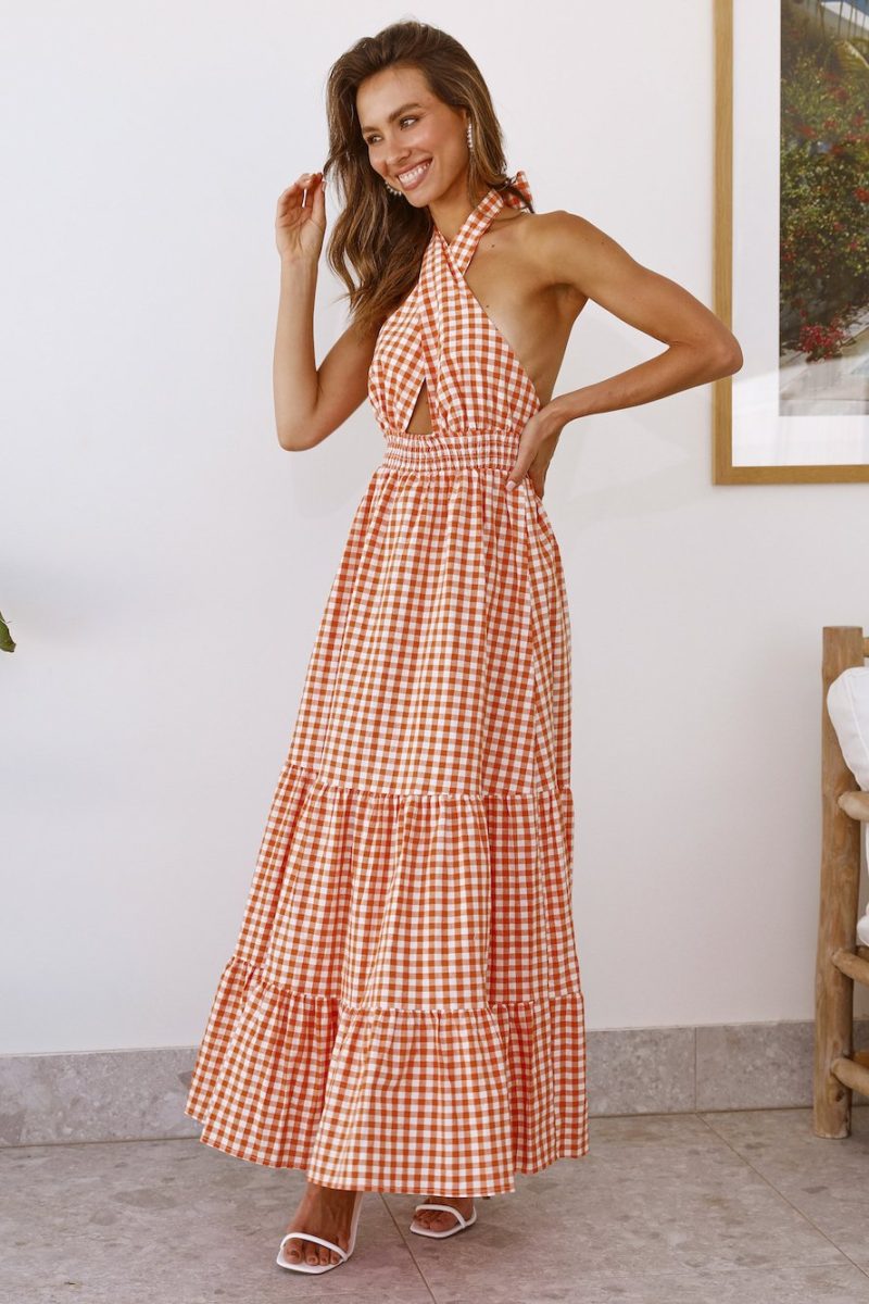 Women Summer Elegant Check Daily Criss Cross Tie Backless Sleeveless A Line Maxi Dress - Image 3