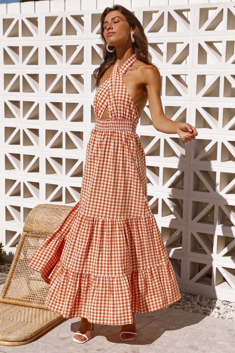 Women Summer Elegant Check Daily Criss Cross Tie Backless Sleeveless A Line Maxi Dress - Image 5