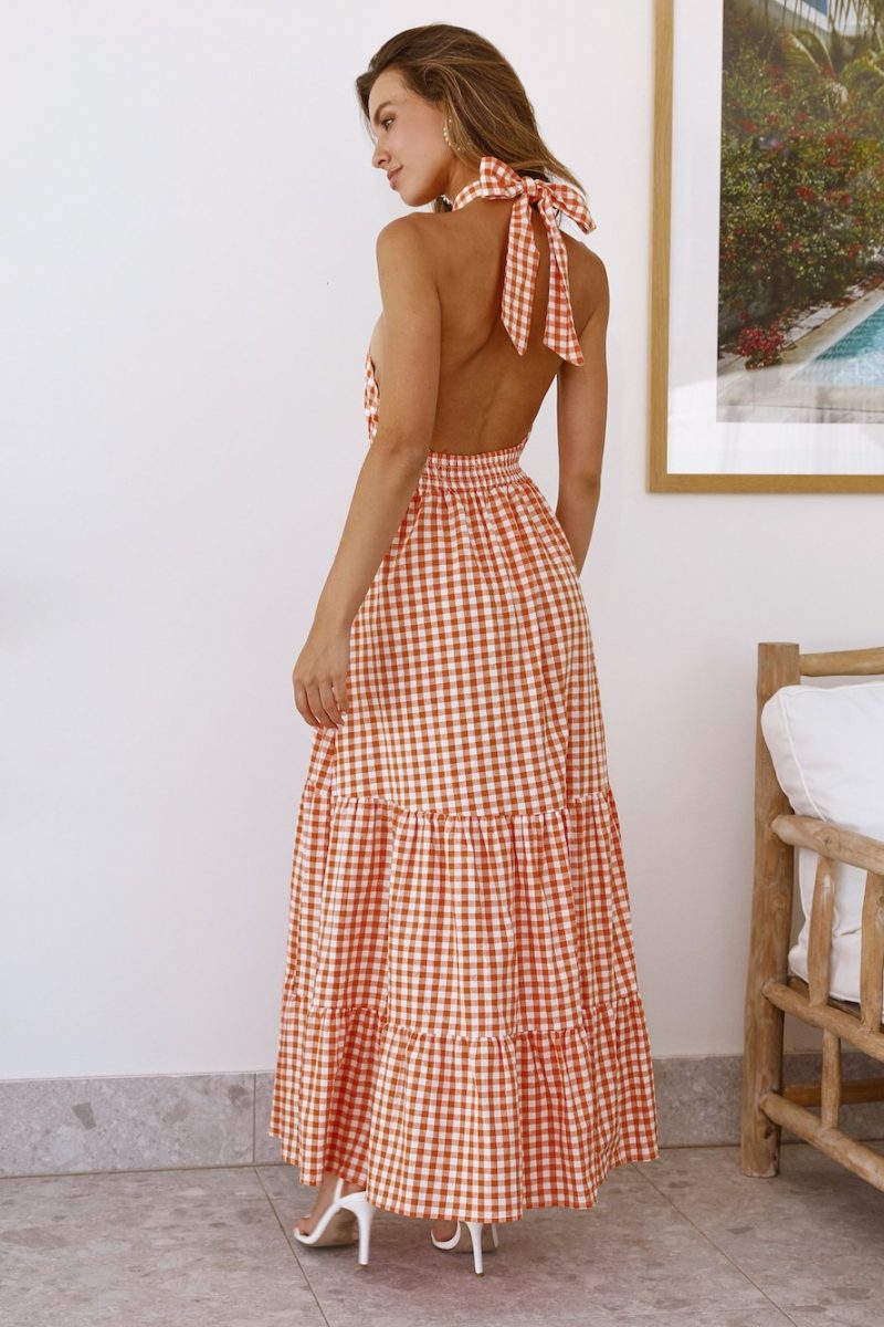 Women Summer Elegant Check Daily Criss Cross Tie Backless Sleeveless A Line Maxi Dress - Image 7