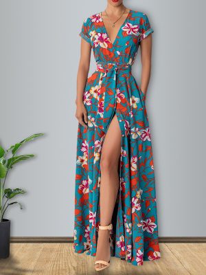 Sexy  V neck Floral Print Slit Dress Summer Women  Clothing