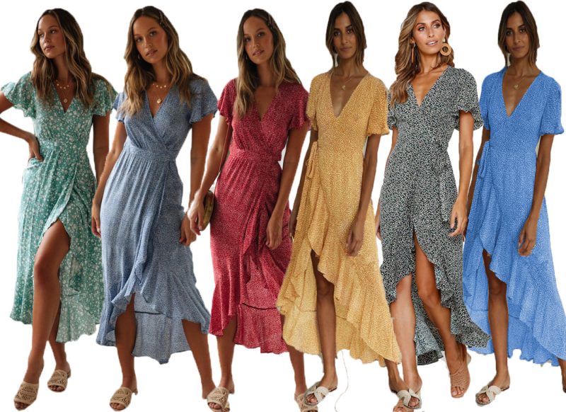Spot Goods Summer 6 Colors Printed Deep V Plunge Plunge Neck Rayon Printed Dress - Image 5