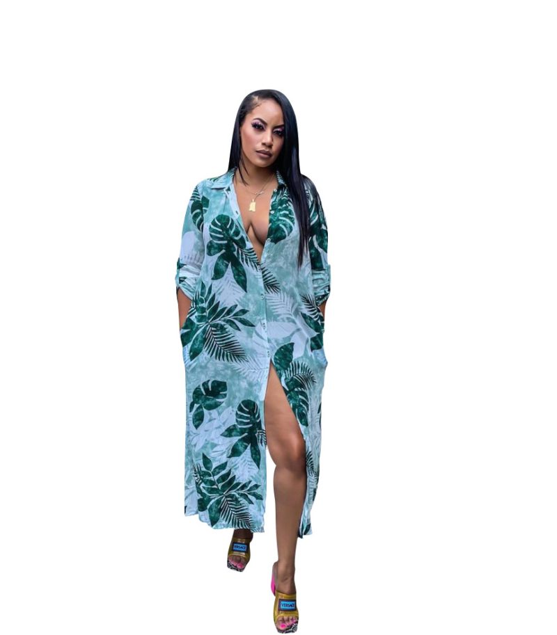 Summer Long Single-Breasted Sexy Green Printing Women Shirt - Image 2
