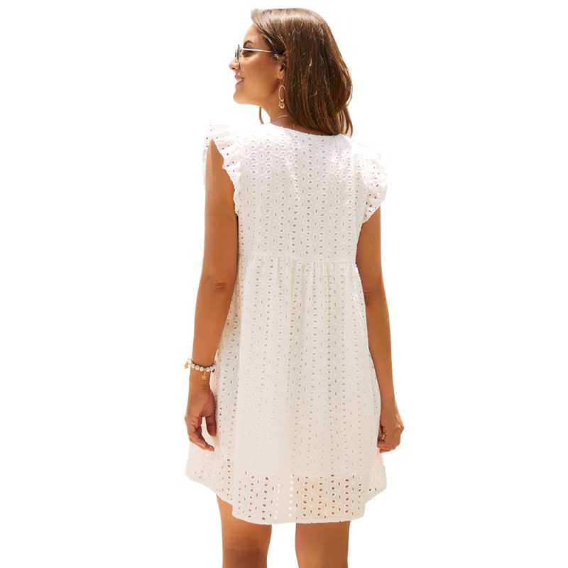 Office Women Clothing Summer V-neck Short SleeveLace Midi Dress Eyelet Embroidery - Image 5