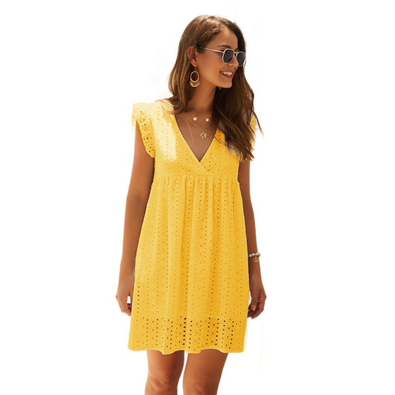 Office Women Clothing Summer V-neck Short SleeveLace Midi Dress Eyelet Embroidery - Image 3
