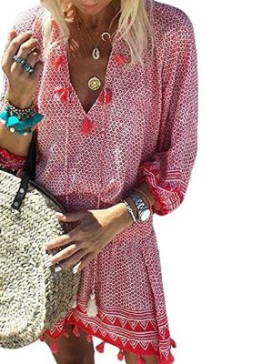 Arrival V-neck 3/4 Sleeves Tassel Elastic Waist Beach Dress