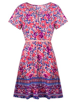 Spring Dress  V neck Printed Floral Bohemian Sexy Beach dress