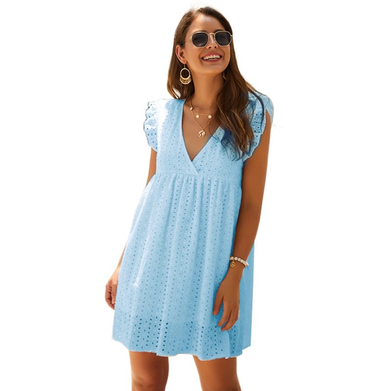Office Women Clothing Summer V-neck Short SleeveLace Midi Dress Eyelet Embroidery - Image 2