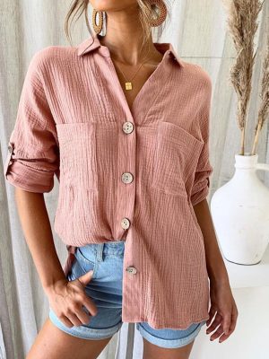 Autumn Winter Button Long Sleeve Pocket Blouse Shirt