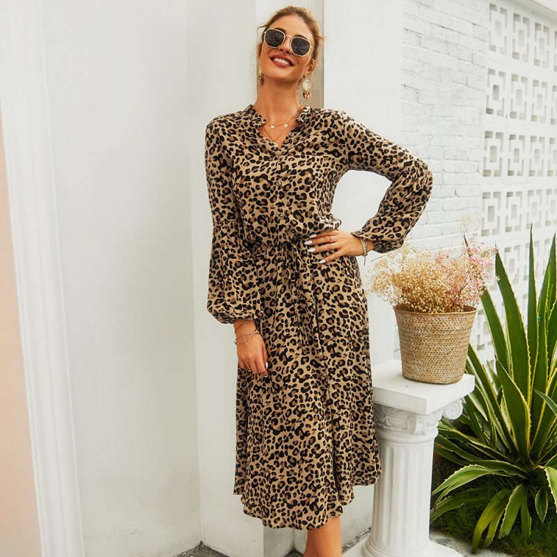 Self Made Real Shot Spring Summer Women Leopard Print Long Sleeve Midi Dress - Image 2