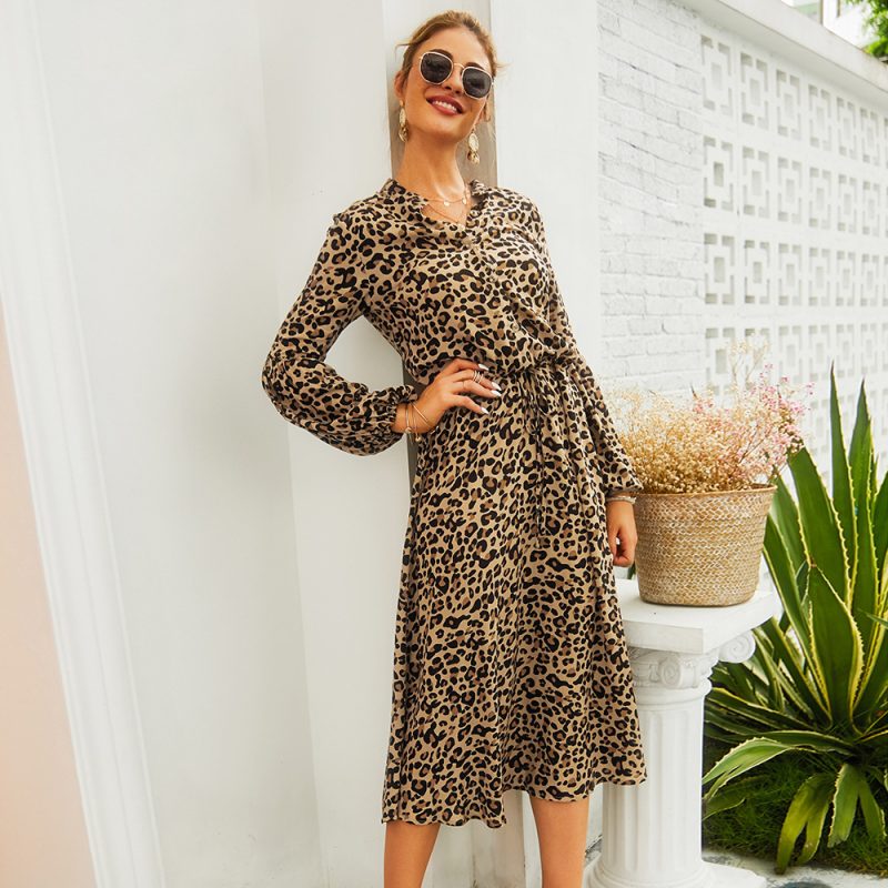 Self Made Real Shot Spring Summer Women Leopard Print Long Sleeve Midi Dress - Image 4