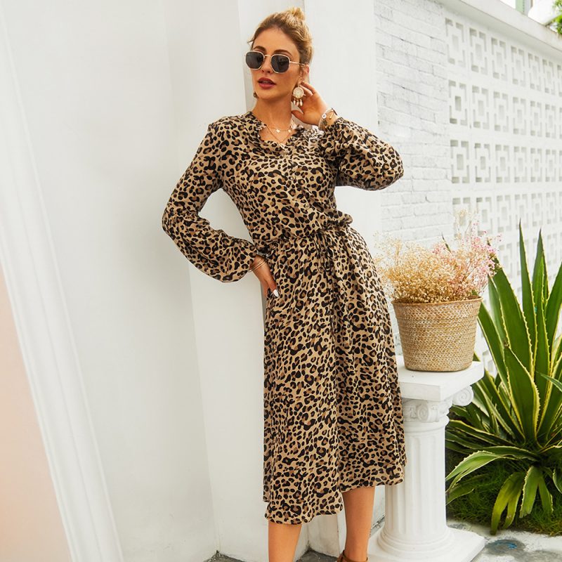 Self Made Real Shot Spring Summer Women Leopard Print Long Sleeve Midi Dress - Image 3