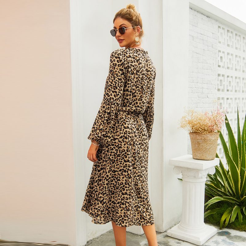 Self Made Real Shot Spring Summer Women Leopard Print Long Sleeve Midi Dress - Image 5