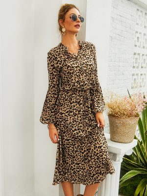 Self Made Real Shot Spring Summer Women Leopard Print Long Sleeve Midi Dress