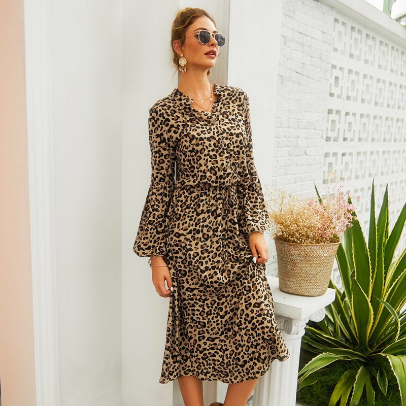 Self Made Real Shot Spring Summer Women Leopard Print Long Sleeve Midi Dress