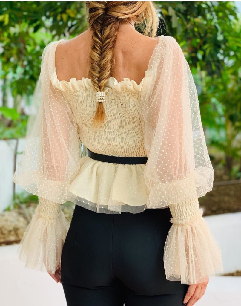 Women Clothing Backless Pleated Mesh Top Puff Sleeve Chiffon Shirt - Image 2