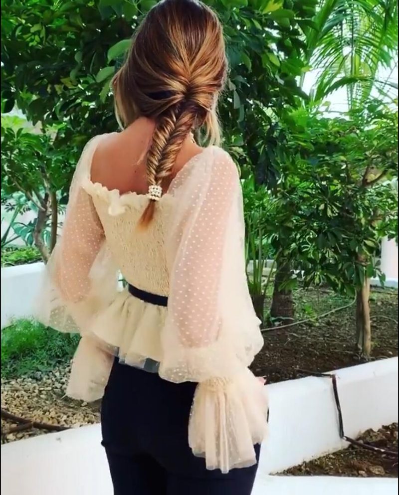 Women Clothing Backless Pleated Mesh Top Puff Sleeve Chiffon Shirt - Image 4