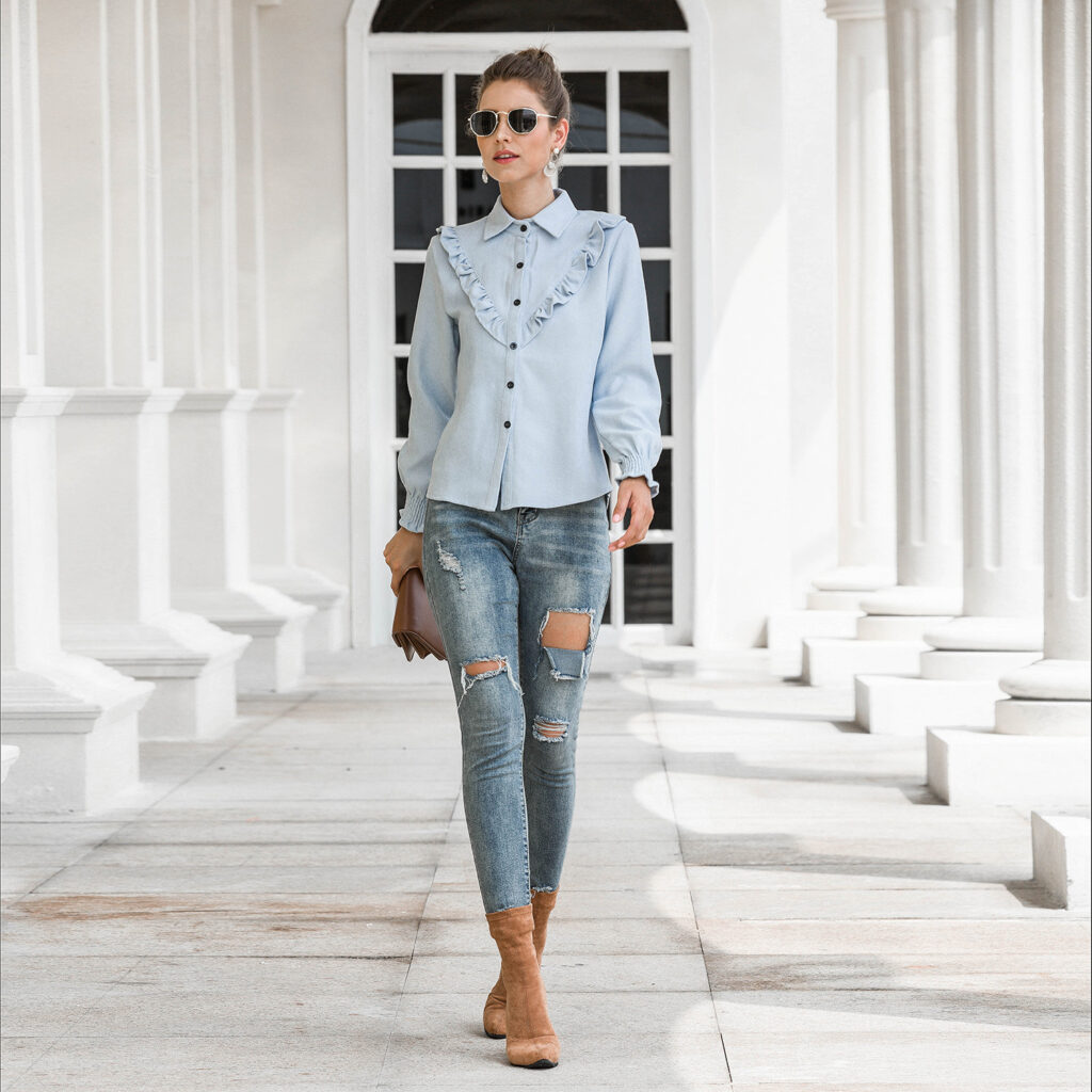 Women Spring Summer Autumn Outer Model Casual Top Wooden Ear Lantern Sleeve Corduroy Shirt - Image 3
