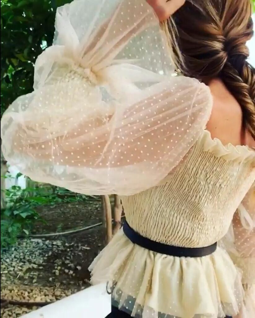Women Clothing Backless Pleated Mesh Top Puff Sleeve Chiffon Shirt - Image 3