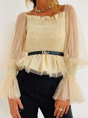 Women Clothing Backless Pleated Mesh Top Puff Sleeve Chiffon Shirt