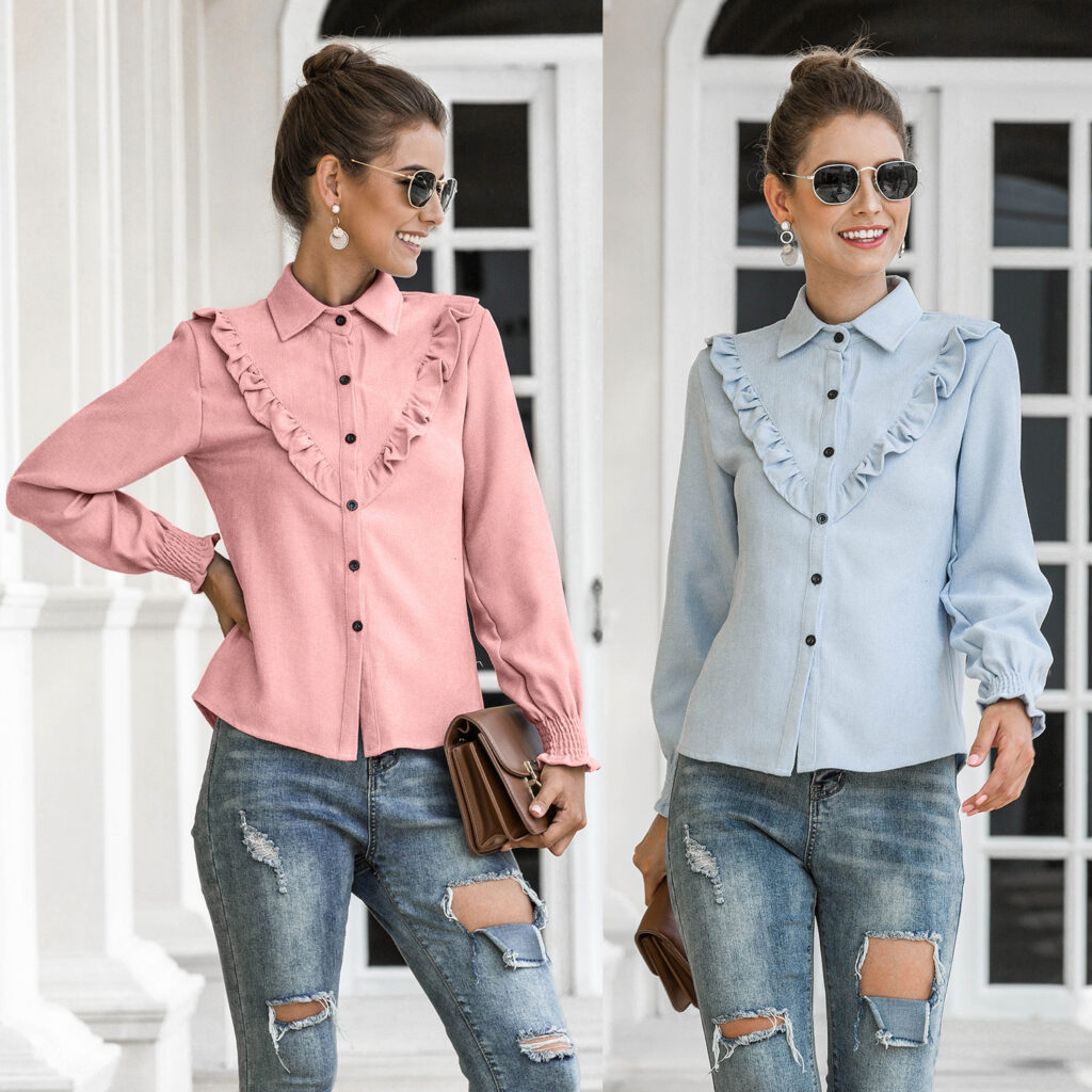 Women Spring Summer Autumn Outer Model Casual Top Wooden Ear Lantern Sleeve Corduroy Shirt - Image 5