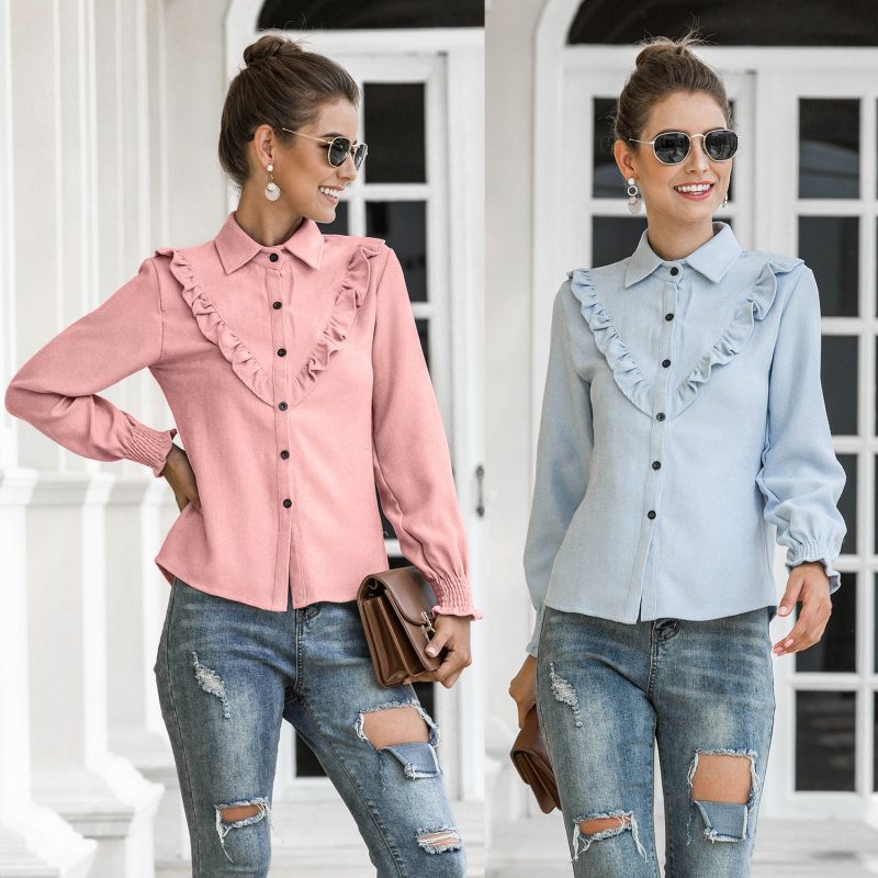 Women Spring Summer Autumn Outer Model Casual Top Wooden Ear Lantern Sleeve Corduroy Shirt - Image 5