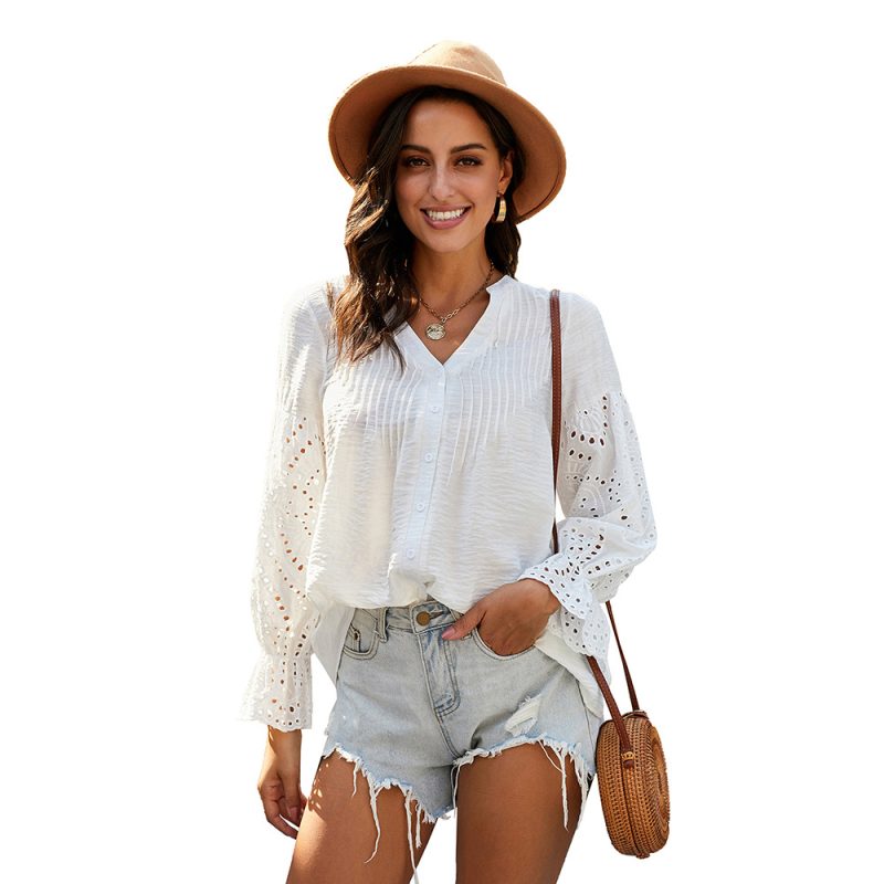 Solid Color Shirt for Women Trendy Autumn V-neck Single Breasted Horn Long Sleeve Loose-Fitting Shirt - Image 5