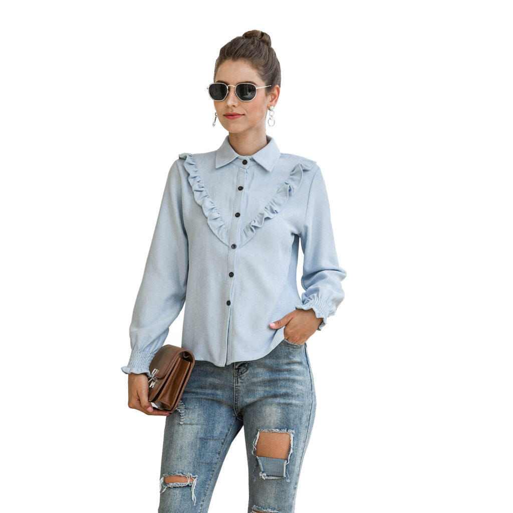 Women Spring Summer Autumn Outer Model Casual Top Wooden Ear Lantern Sleeve Corduroy Shirt - Image 4