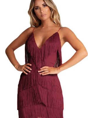 New  Sexy Tassel Stitching Backless Dress Deep V-neck Dress