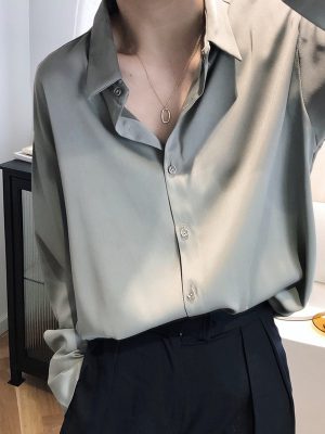 Satin Chiffon Shirt Women Spring  Fall  Sense Niche Young Solid Color Drape Satin Top