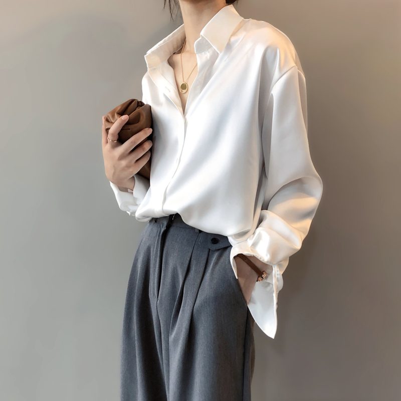 Shirt Spring Korean Solid Color Elegant Loose Slimming Long Sleeve Collared Shirt for Women - Image 2