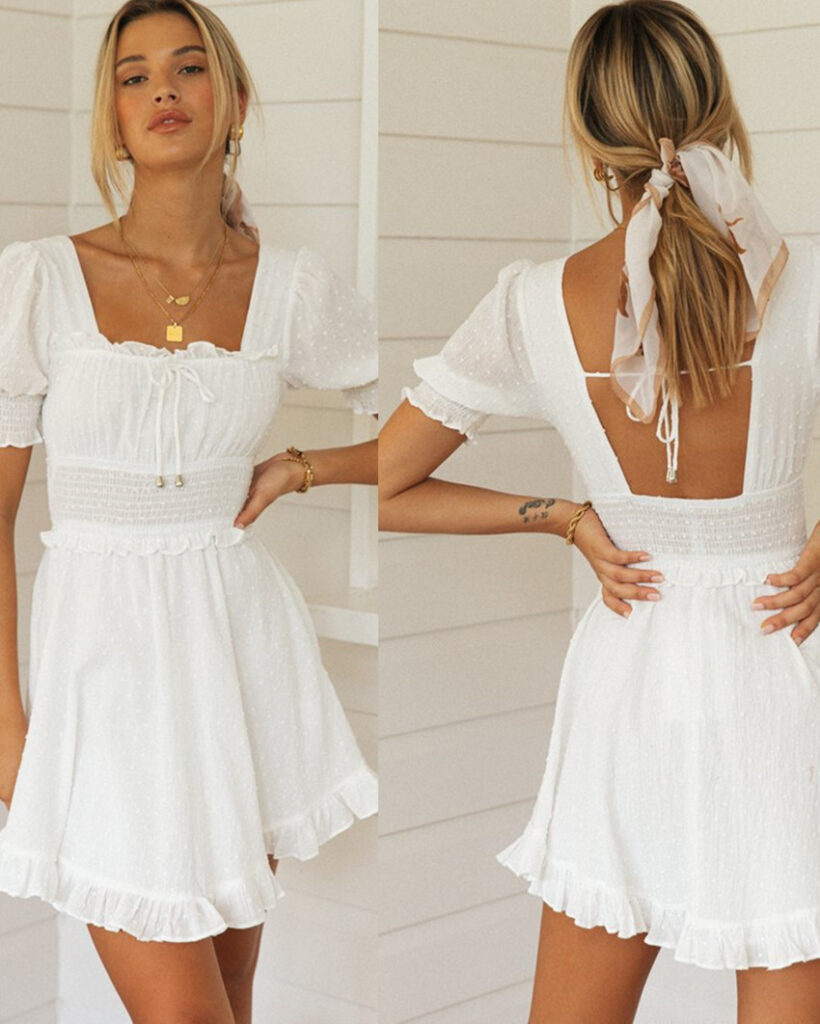 Arrival Solid Color Square Collar Short  Women Bubble Sleeve Lace-up Backless Dress - Image 3