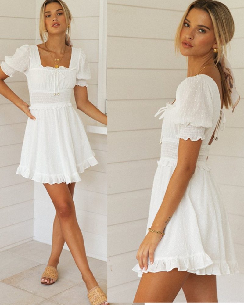 Arrival Solid Color Square Collar Short  Women Bubble Sleeve Lace-up Backless Dress - Image 4