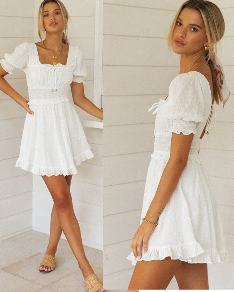 Arrival Solid Color Square Collar Short  Women Bubble Sleeve Lace-up Backless Dress - Image 4