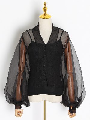 Sexy Lantern Sleeve See through Loose Black Organza Shirt Top Suspenders