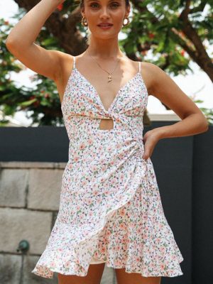 V neck Women Printed Wear Short Hollow Out Cutout Backless Dress