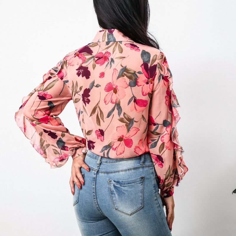 Women Clothing Summer Single-Breasted Printed Ruffle Sleeve Chiffon Shirt - Image 4