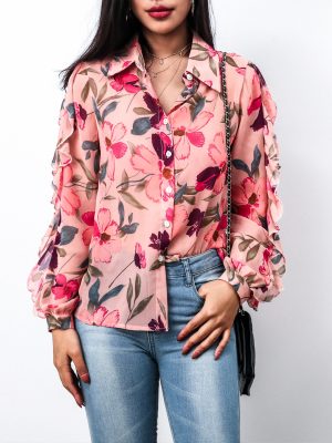 Women Clothing Summer Single-Breasted Printed Ruffle Sleeve Chiffon Shirt