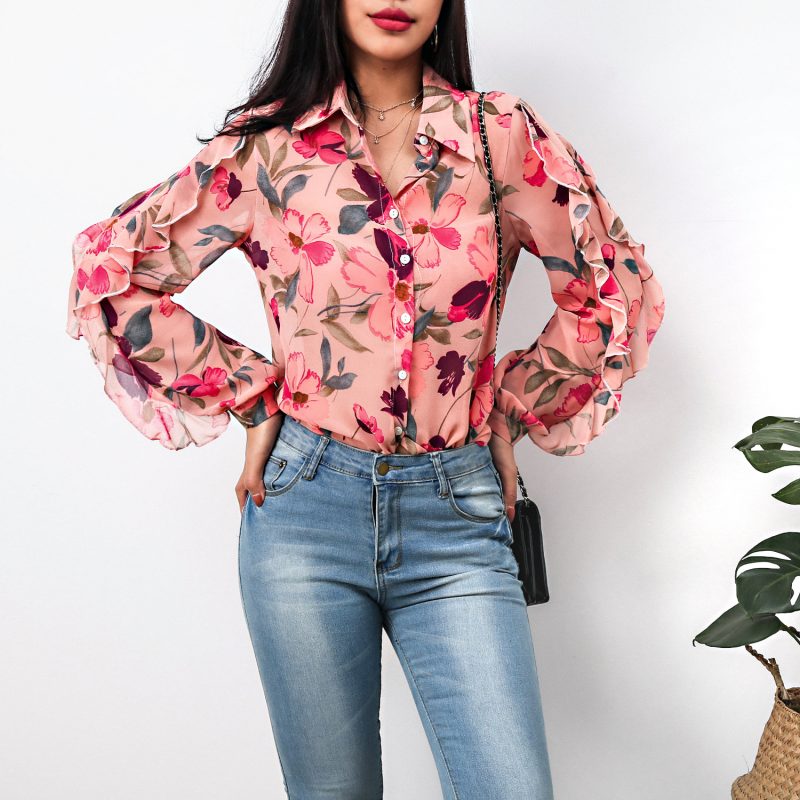 Women Clothing Summer Single-Breasted Printed Ruffle Sleeve Chiffon Shirt - Image 3