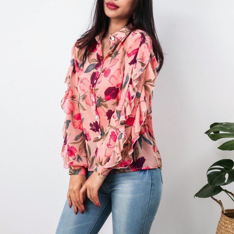 Women Clothing Summer Single-Breasted Printed Ruffle Sleeve Chiffon Shirt - Image 2