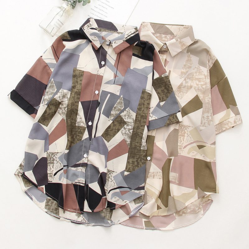 Shirt Women Summer Niche Retro Geometric Abstract Pattern Chiffon Short Sleeve Top - Image 3