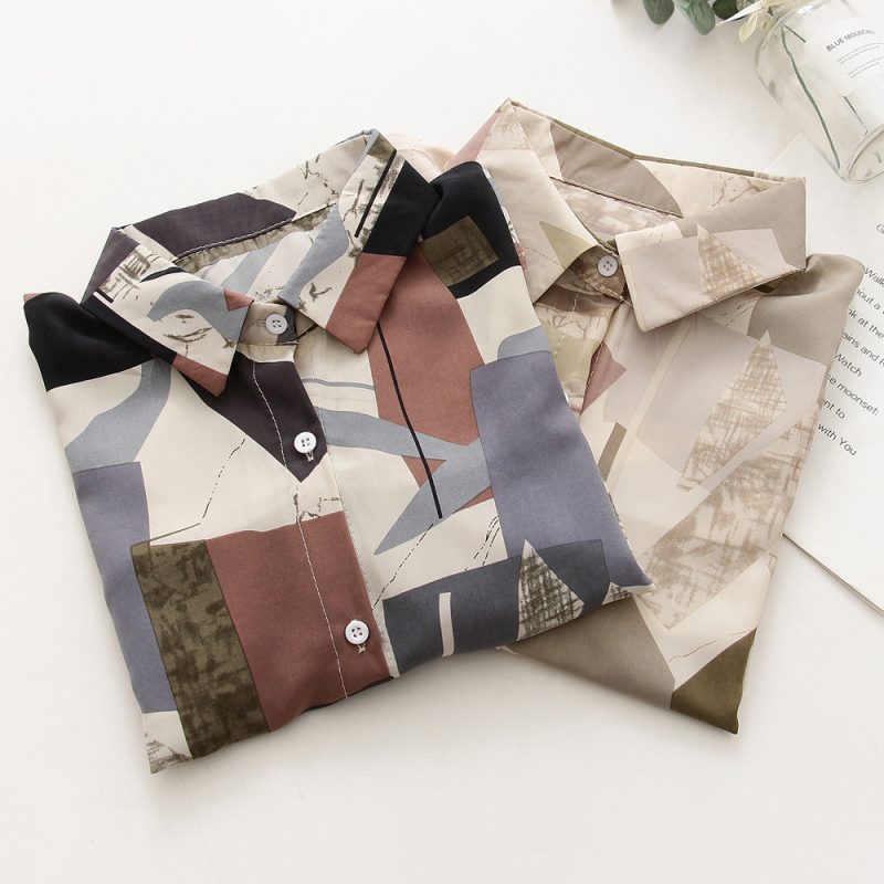 Shirt Women Summer Niche Retro Geometric Abstract Pattern Chiffon Short Sleeve Top - Image 4