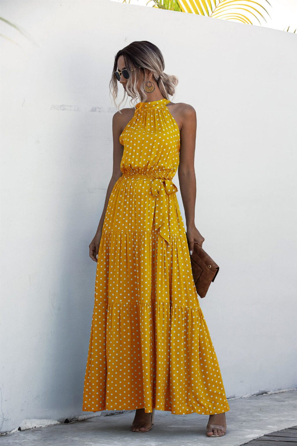 Summer Popular Color Polka Dot Printed Halter Tied Dress Dress