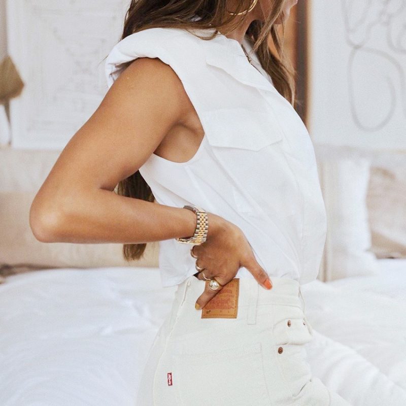 Summer White Padded Shoulder Shirt Women Elegance Sleeveless Shirt Tops - Image 3