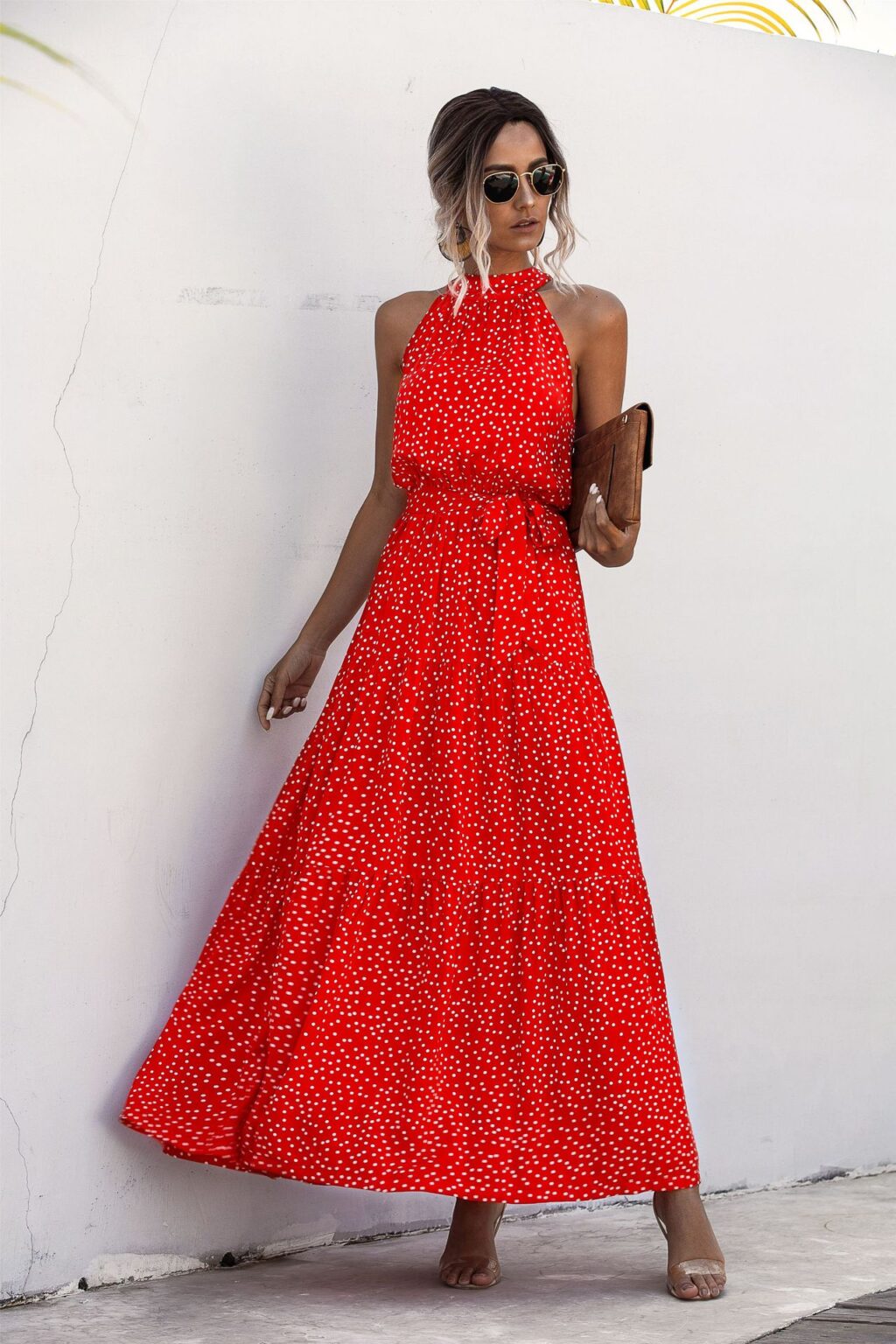 Summer Popular Color Polka Dot Printed Halter Tied Dress Dress - Image 4