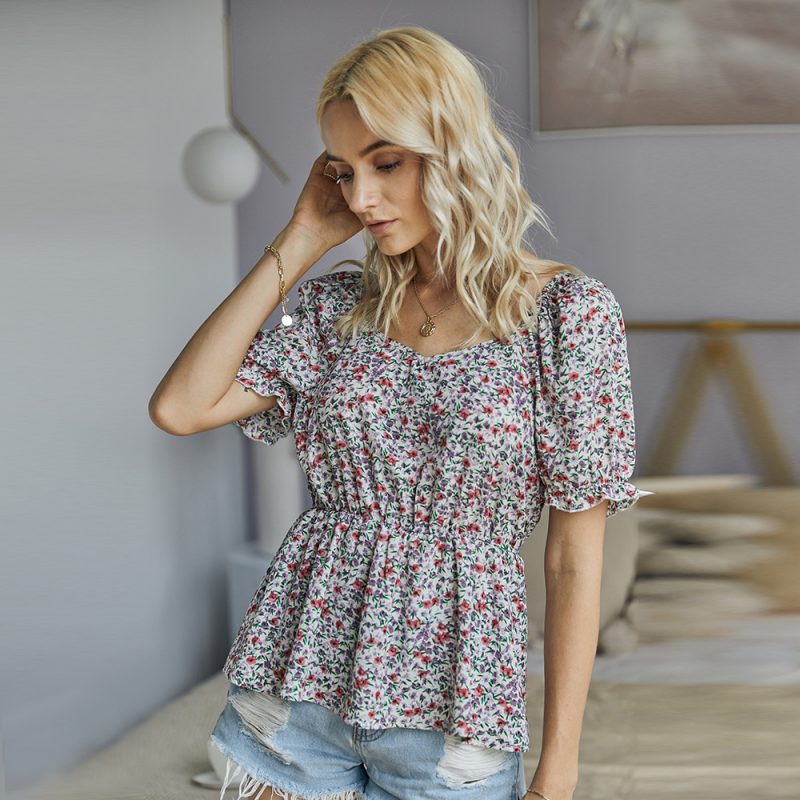 Summer Women Clothing Internet Celebrity Real Shot Floral Top Short Sleeve V-neck Sexy Shirt
