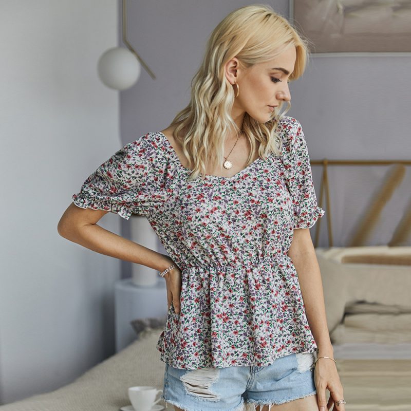 Summer Women Clothing Internet Celebrity Real Shot Floral Top Short Sleeve V-neck Sexy Shirt - Image 2