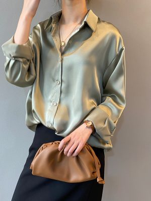 Shirt Spring Korean Solid Color Elegant Loose Slimming Long Sleeve Collared Shirt for Women